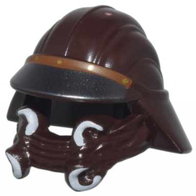 dark brown minifigure headgear helmet sw skiff guard with dark silver and medium nougat visor white tusks pattern