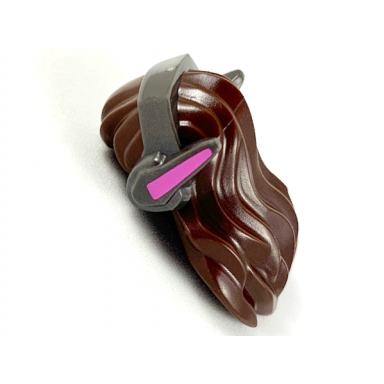 dark brown minifigure hair long and wavy with dark bluish gray headset with dark pink ears pattern