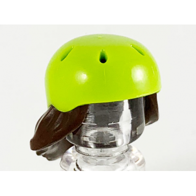 dark brown minifigure hair combo hair with hat medium length with molded lime bicycle helmet pattern