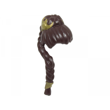 dark brown minifigure hair female ponytail with top knot bun and long thin braid over right shoulder with gold hair clips pattern - flexible rubber