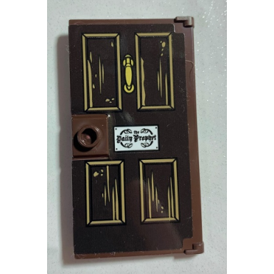 dark brown door 1 x 4 x 6 with stud handle with dark brown wooden door with white the daily prophet sign plate pattern sticker - set 75978