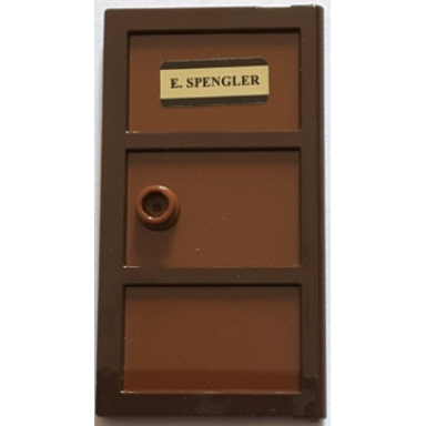 dark brown door 1 x 4 x 6 with 3 panes with molded reddish brown glass with stud handle and e spengler pattern sticker - set 75827