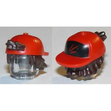 dark brown minifigure hair combo hair with hat short tousled hair with molded red cap short curved bill and printed streaks on black background pattern
