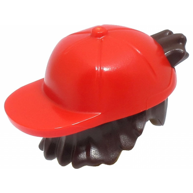 dark brown minifigure hair combo hair with hat short tousled hair with molded red cap short curved bill pattern bam