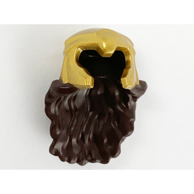 dark brown minifigure hair combo hair with hat long and wavy with pearl gold helmet with forehead and cheek protectors pattern