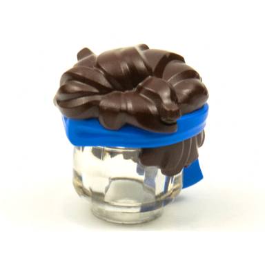 dark brown minifigure hair tousled with molded blue bandana headband pattern