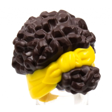 dark brown mini doll hair coiled pulled up with molded yellow head wrap pattern