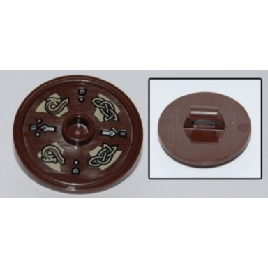 dark brown minifigure shield circular round rimmed face with stud with dragon heads and knots pattern
