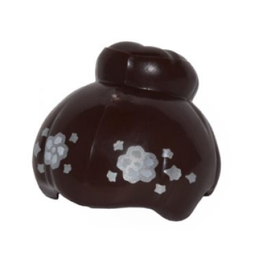 dark brown minifigure hair female with top knot bun and white and silver flowers pattern