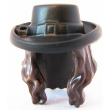 dark brown minifigure hair combo hair with hat long wavy with black hat with buckle pattern