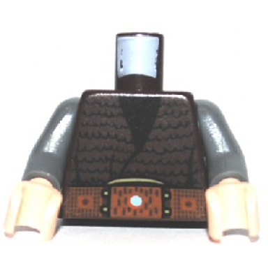 dark brown torso hassansin leader zolm vest with black v-neck and woolen pattern with wide belt dark bluish gray arms light nougat hands
