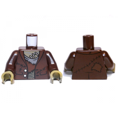 dark brown torso monster fighters monster with stapled olive green skin and stitched vest pattern dark brown arms olive green hands