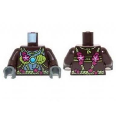 dark brown torso gorilla with leaf top and belt pink flowers and blue round jewel chi pattern dark brown arms dark bluish gray hands