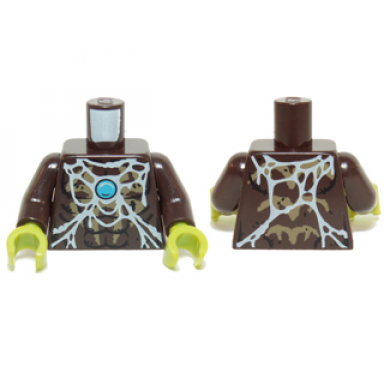 dark brown torso chima bare chest with spider web dark tan spider and blue round jewel chi pattern dark brown arms lime hands