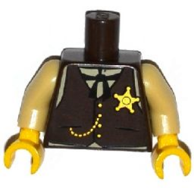 dark brown torso western sheriff star badge vest gold chain black tie pattern tan arms yellow hands