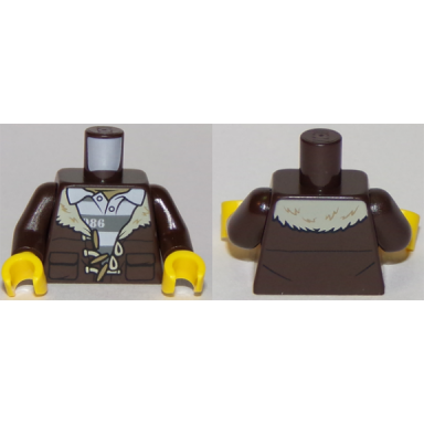 dark brown torso town prisoner shirt under fur-lined jacket with pockets and 86 pattern dark brown arms yellow hands