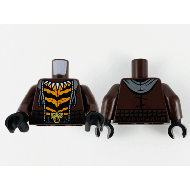 dark brown torso hoodie dark bluish gray hood silver zipper fang necklace orange and black stripes and gold tiger buckle pattern dark brown arms black hands