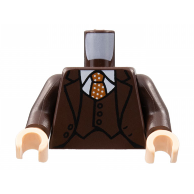 dark brown torso suit jacket and vest white collar shirt dark orange tie with white polka dots pattern dark brown arms light nougat hands