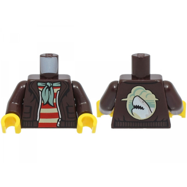 dark brown torso open jacket with silver zipper over red and tan striped shirt sand green bandana shark on back pattern dark brown arms yellow hands