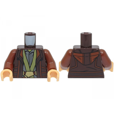 dark brown torso jacket with hood dark bluish gray shirt olive green trim reddish brown belt with gold buckle pattern reddish brown arms medium tan hands