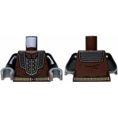 dark brown torso armor silver and pearl dark gray breastplate over jacket dark tan buttons and ammunition belt pattern black arms dark bluish gray hands