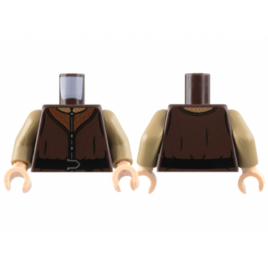 dark brown torso vest with dark orange collar black belt with silver buckle pattern dark tan arms light nougat hands