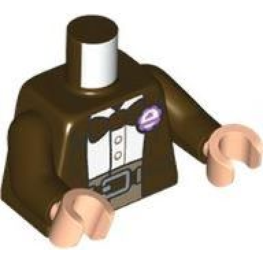 dark brown torso jacket and bow tie white shirt dark tan pants belt with silver buckle medium lavender grape soda cap pattern dark brown arms light nougat hands