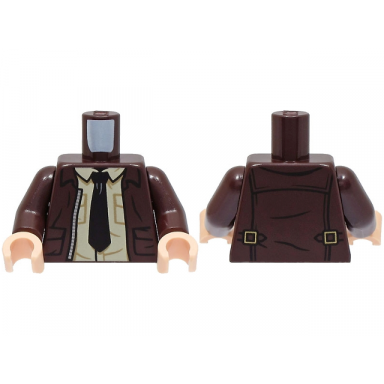 dark brown torso open jacket with pockets silver zipper and gold clasps tan shirt black tie pattern dark brown arms light nougat hands