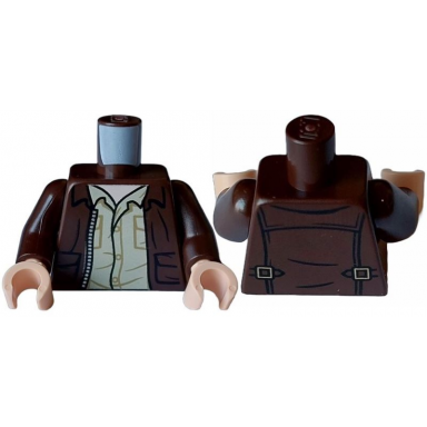 dark brown torso open jacket with pockets silver zipper and gold clasps tan shirt light nougat neck pattern dark brown arms light nougat hands