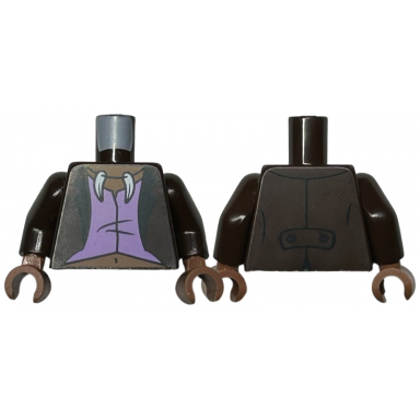 dark brown torso jacket open with black lapels over medium lavender vest white animal tooth claw necklace medium brown neck and stomach pattern dark brown arms medium brown hands