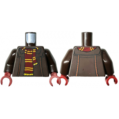 dark brown torso jacket with dark orange piping dark red scarf with yellow stripes and fringe pattern dark brown arms dark red hands