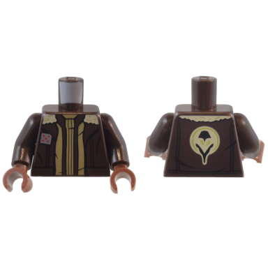 dark brown torso sw aviator jacket open with tan fur collar dark tan trim and silver square badge over ribbed shirt the ghost crew insignia on back pattern dark brown arms reddish brown hands