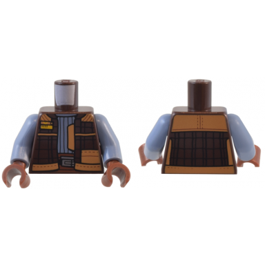 dark brown torso sw vest open with medium nougat trim and yellow tag over sand blue ribbed shirt reddish brown belt with silver buckle pattern sand blue arms reddish brown hands