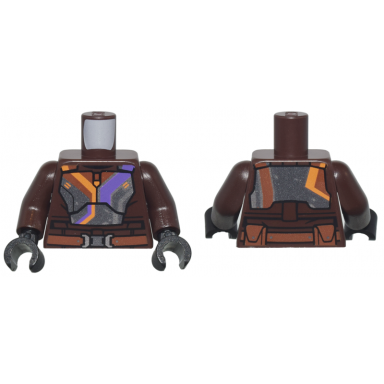 dark brown torso sw dark silver mandalorian armor plates with dark purple orange and silver stripes reddish brown belt with buckle and pouches pattern dark brown arms black hands