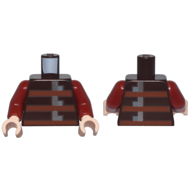 dark brown torso pixelated armor with reddish brown stripes and silver and dark bluish gray buckles pattern dark red arms light nougat hands