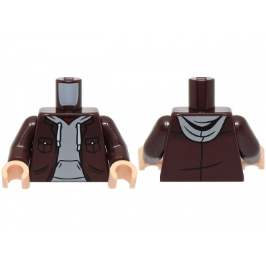dark brown torso jacket open with pockets over light bluish gray hoodie and dark red shirt pattern dark brown arms light nougat hands