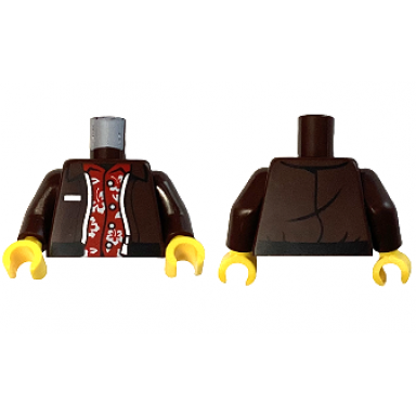 dark brown torso jacket open with black hem and silver zipper over red hawaiian shirt with flowers and leaves pattern dark brown arms yellow hands