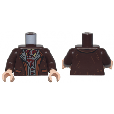 dark brown torso jacket with reddish brown lapels and pockets over dark bluish gray vest with dark red buttons and striped scarf pattern dark brown arms light nougat hands
