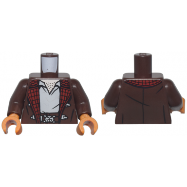 dark brown torso jacket with clasps and dark red plaid lining over light bluish gray shirt light nougat neck with chest hair belt with buckle pattern dark brown arms dark orange hands