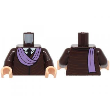 dark brown torso robe over white shirt black tie medium lavender turban pattern dark brown arms light nougat hands
