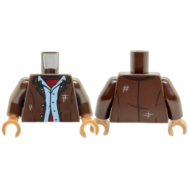 dark brown torso jacket open with buttons and scuff marks over bright light blue shirt and dark red undershirt pattern dark brown arms light nougat hands