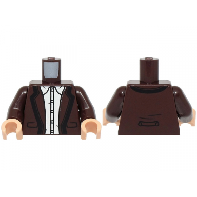 dark brown torso jacket open with pockets lapels and black trim white shirt with collar pattern dark brown arms light nougat hands