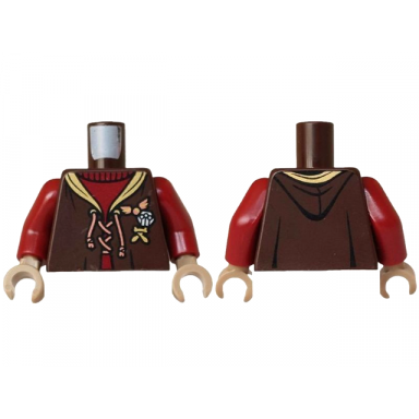 dark brown torso hoodie with gold trim copper laces and golden snitch over dark red sweater pattern dark red arms dark tan hands