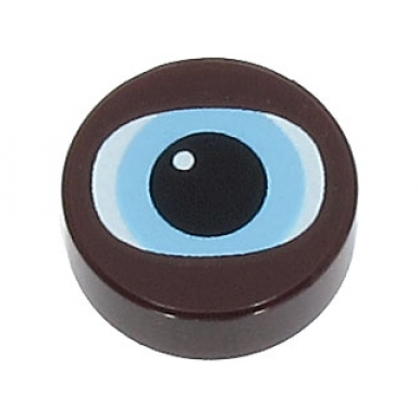 dark brown tile round 1 x 1 with white and bright light blue chewbacca eye with black pupil pattern