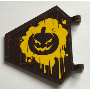 dark brown flag 5 x 6 hexagonal with dark brown evil pumpkin face on yellow splatter pattern on both sides stickers - set 70913