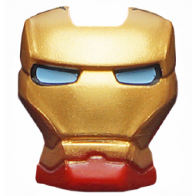 dark red minifigure visor top hinge with gold face shield and bright light blue eyes pattern