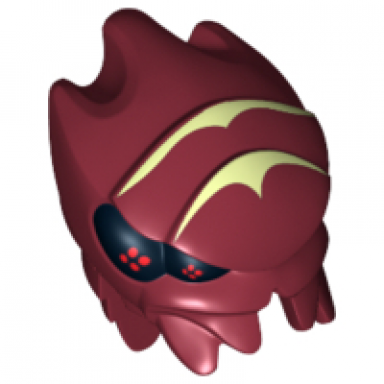 dark red minifigure head modified galaxy squad alien buggoid with yellowish green stripes and black eyes with red dots pattern