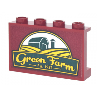 dark red panel 1 x 4 x 2 with side supports - hollow studs with sign yellow green farm est 1932 and dark green barn and silo pattern sticker - set 10290