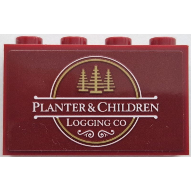 dark red panel 1 x 4 x 2 with side supports - hollow studs with 3 dark tan pine trees in circle and white planter children and logging co pattern sticker - set 910035