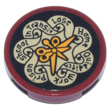 dark red tile round 2 x 2 with bottom stud holder with black and tan clock face with weasley family locations and bright light orange hands pattern sticker - set 76437